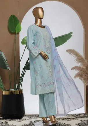 Pakistani Original Bin Saeed Luxury Plain Cotton Stitched 3 Pcs _ Powder Blue 
