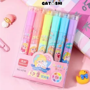 6Pcs Kawaii Cartoon Highlighter Pen with Stamp Art