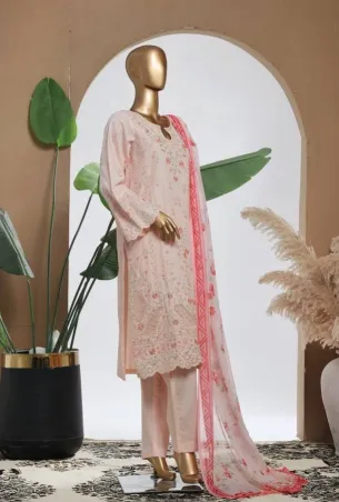 Pakistani Original Bin Saeed Luxury Plain Cotton Stitched 3 Pcs _ Pink 