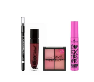 Rimmel Pencil 001 Black & Wet n Wild Lipstick Give Me Mocha & Technic Matte Mega Blush & Essence Volume Mascara 12ml Combo