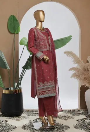 Pakistani Original Bin Saeed Luxury Plain Cotton Stitched 3 Pcs _ Mineral Red 