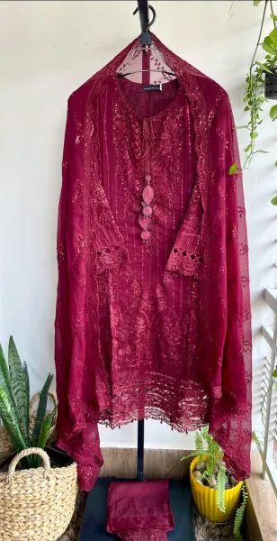 Pakistani Original Sadabahar Luxury Chiffon Stitched 3Pcs _ Deep Maroon 