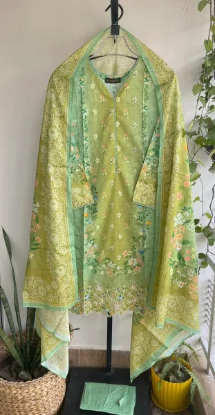 Pakistani Original Bin Saeed Cotton Chickankari Stitched 3Pcs_ Light Green 