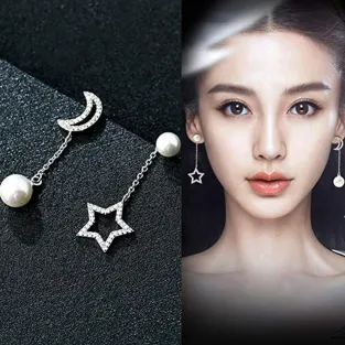 Silver Moon Star Pearl Drop Dangle Earrings 