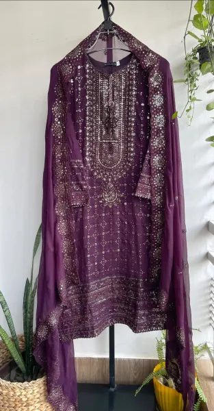 Pakistani Original Sadabahar Luxury Chiffon Stitched 3Pcs _ Deep Purple 