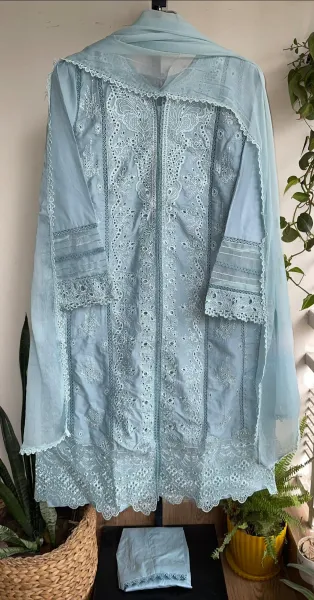 Pakistani Original Hayat’s Luxury Embroidered Stitched Cotton 3Pcs _ Powder Blue 