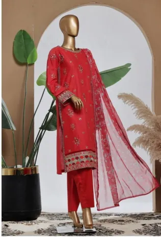 Pakistani Original Bin Saeed Luxury Plain Cotton Stitched 3 Pcs _ Coral Red 