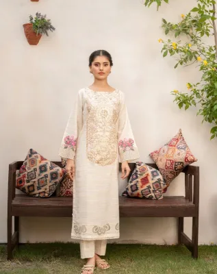 Pakistani Sahibas by Mirza Jacquard Embroidered Coord Set _ Off White 