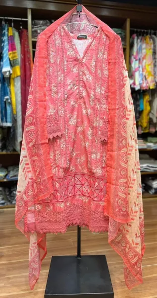 Pakistani Original Sadabahar Luxury Lawn Laceworok-Cutwork Stitched 3Pcs _ Coral Pink 