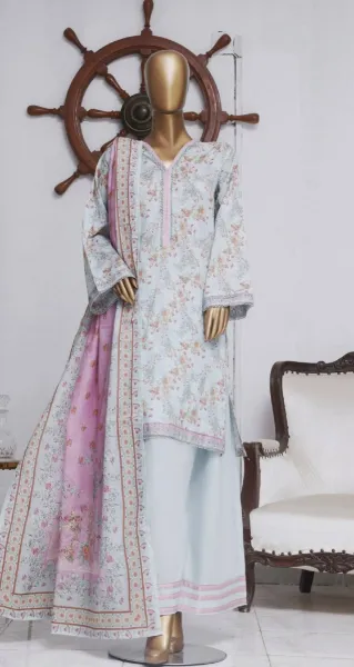 Pakistani Original Bin Saeed Lawn Stitched 3 Pcs with Farshi Salwar _ Powder Blue 