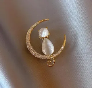 Rhinestone Opal Stone Moon Cat Hijab Brooch Pin