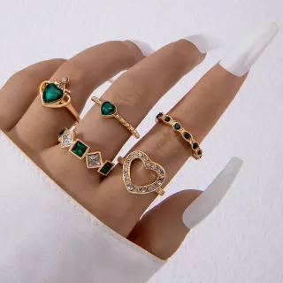 5 Pcs Green Love Finger Ring Set 