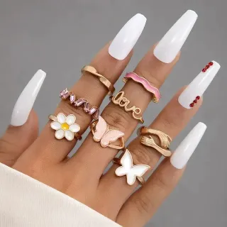 8 Pcs Love Flower Butterfly Finger Ring Set 