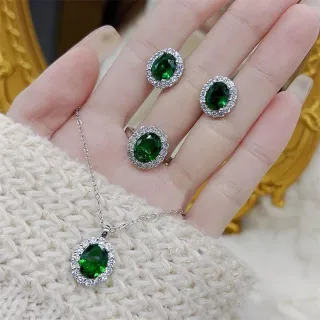 4 Pcs Green Oval Crystal Earring Ring Necklace Set 