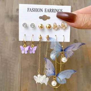6 Pair Purple Butterfly Dangle Earrings Set 