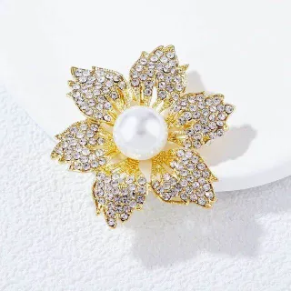 Rhinestone Six Leaf Sun Flower Pearl Brooch / Pin