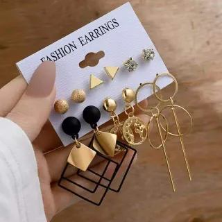 6 Pairs Black Golden Colour Earrings Set