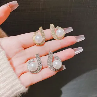 New Trendy Shiny Crystal Pearl Stud Earrings 