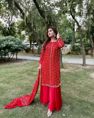 Pakistani Rangoon Chiffon Stitched 3pcs _ Red