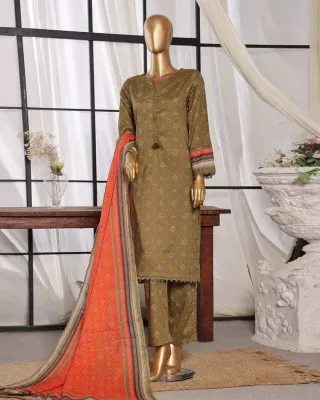 Pakistani Original Sadabahar Cotton Stitched 3Pcs _ Dark Olive 