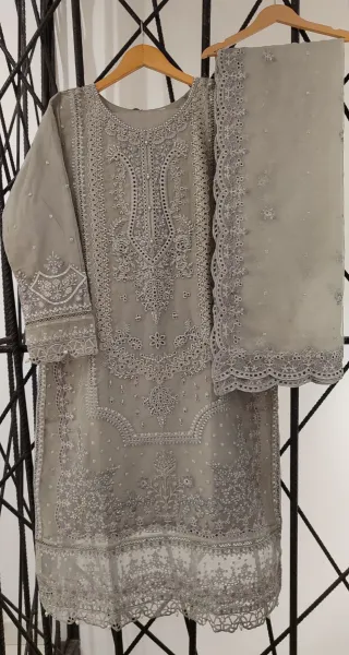 Pakistani Original Sadabahar Luxury Organza Stitched 3 Pcs _ Mint Gray 