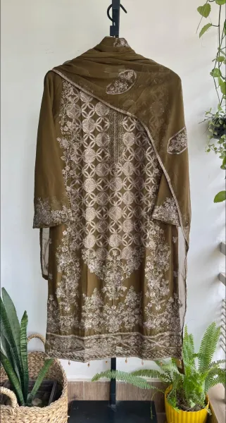 Pakistani Original Schick Chiffon Stitched 2 Pcs _ Dark Olive 