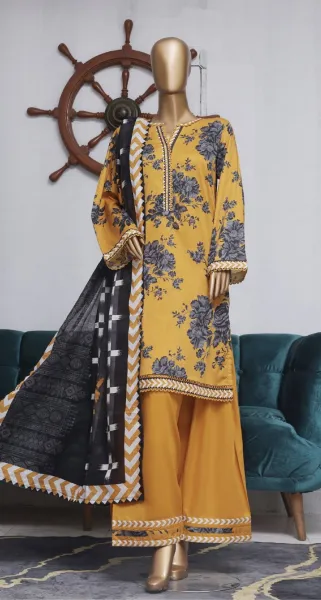 Pakistani Original Bin Saeed Lawn Stitched 3 Pcs with Farshi Salwar _ Mustard Yellow 
