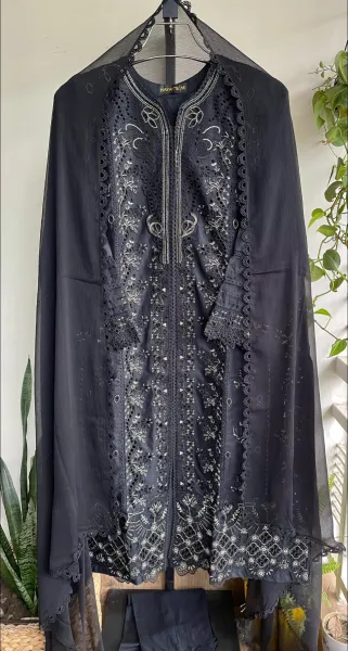 Pakistani Original Hayat’s Luxury Embroidered Stitched Cotton 3Pcs _ Black 
