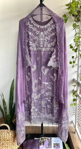 Pakistani Stitched Luxury Chiffon Embroidered Fancy 3Pcs _ Lavender 