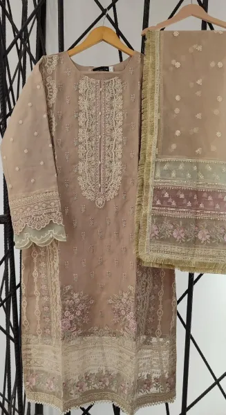 Pakistani Original Sadabahar Luxury Organza Stitched 3 Pcs _ Golden Beige 