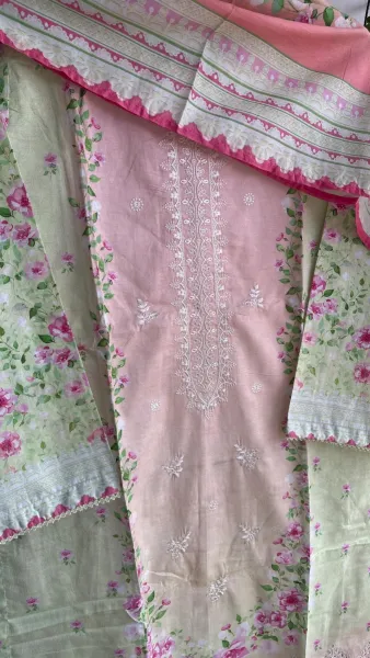 Pakistani Original Bin Saeed Cotton Chickankari Stitched 3Pcs_ Peachy Pink 