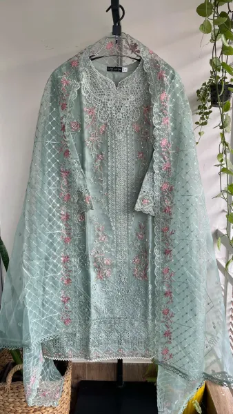 Pakistani Original Sadabahar Luxury Organza Stitched 3 Pcs _ Teal 