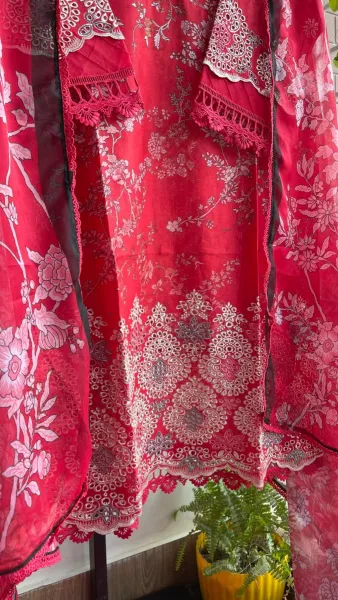 Pakistani Original Sadabahar Lawn Stitched 3Pc _ Maroon Red