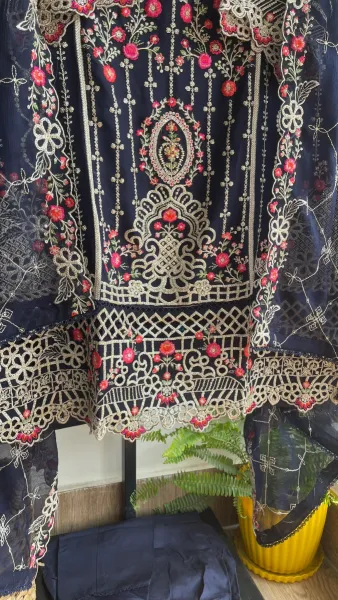 Pakistani Original Bin Saeed Luxury Chiffon stitched 3 Pcs _ Navy Blue 