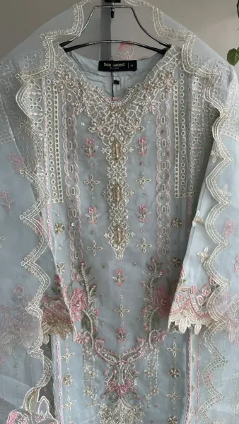 Pakistani Original Bin Saeed Luxury Organza Stitched 3 Pcs _ Powder Blue 