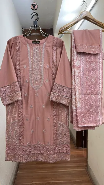 Pakistani Original Hayat Stitched Cotton 3Pcs _ Rosy Brown