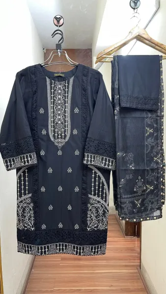 Pakistani Original Hayat Stitched Cotton 3Pcs _ Black