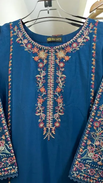 Pakistani Original Hayat Stitched Cotton 3Pcs _ Deep Sea Blue 