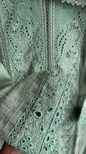 Pakistani Original Hayat’s Luxury Embroidered Stitched Cotton 3Pcs _ Pastel Mint 