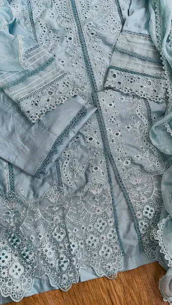 Pakistani Original Hayat’s Luxury Embroidered Stitched Cotton 3Pcs _ Powder Blue 