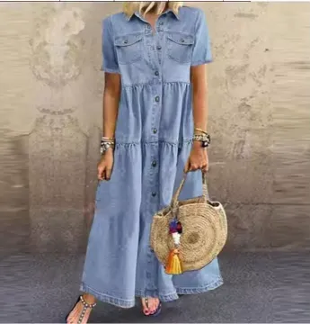 DENIM MULTI BUTTON DISTRESSED DRESS