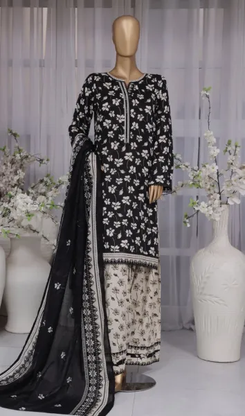 Pakistani Original Bin Saeed Lawn Stitched 3 Pcs with Farshi Salwar _ Black 