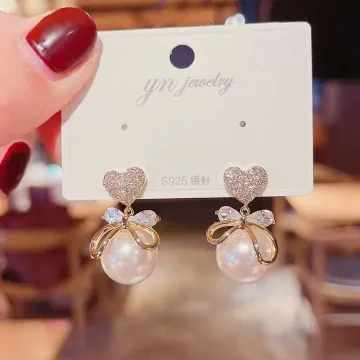 Bow Heart Big Pearl Stud Earrings 