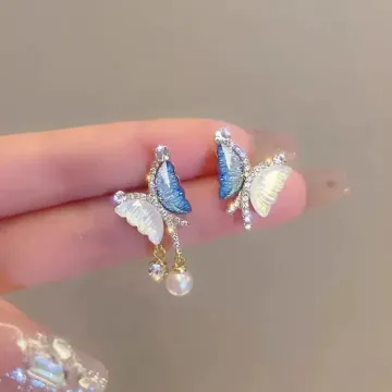Silver Blue Pearl Butterfly Wing Stud Earrings