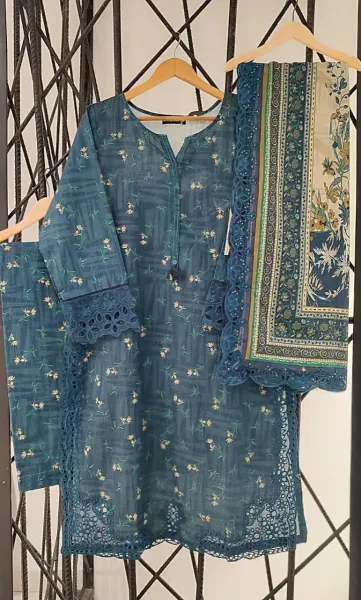 Pakistani Original Sadabahar Khaddar Stitched 3Pcs_ Deep Sea Blue 