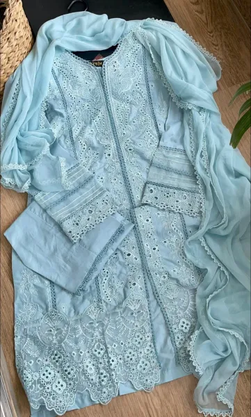 Pakistani Original Hayat’s Luxury Embroidered Stitched Cotton 3Pcs _ Powder Blue 