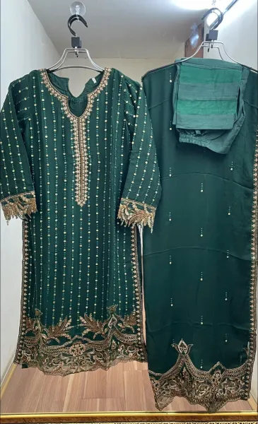 Pakistani Merakish Luxury Chiffon Stitched 3Pcs _  Racing Green 