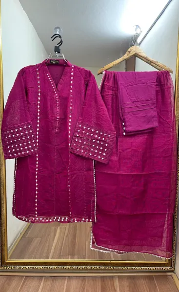 Pakistani Rangoon khaddi Net Stitched 3pcs _ Dark Magenta 