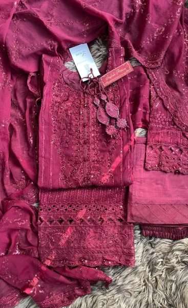 Pakistani Original Sadabahar Luxury Chiffon Stitched 3Pcs _ Deep Maroon 