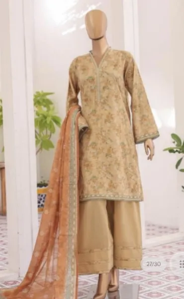 Pakistani Original Bin Saeed Lawn Stitched 3 Pcs with Farshi Salwar _ Yellow Beige 